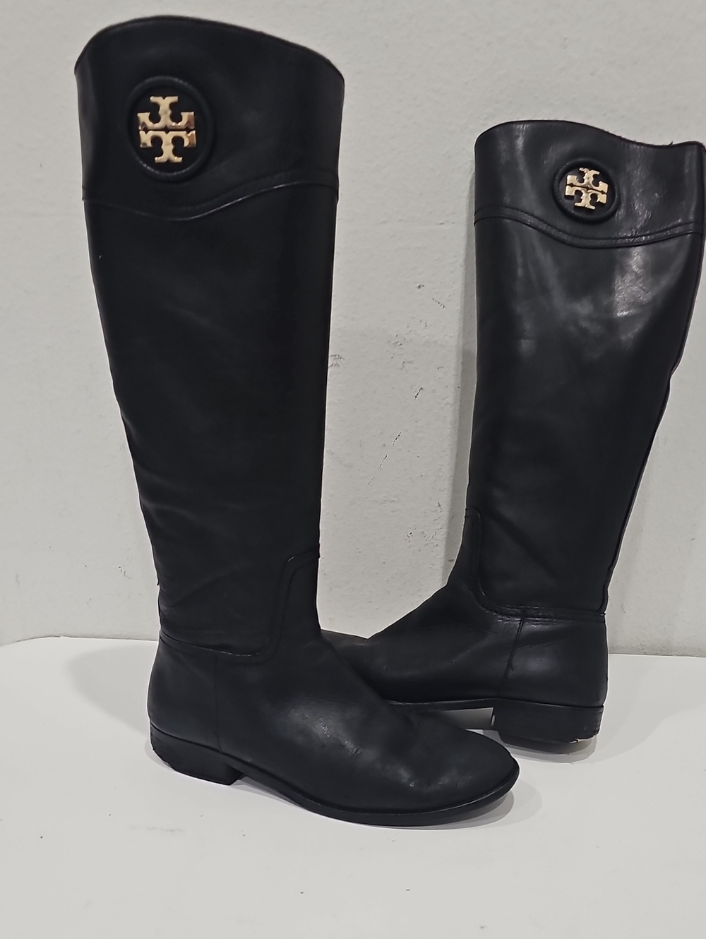 Tory Burch Black Leather Over-the-Knee Logo Riding Boots